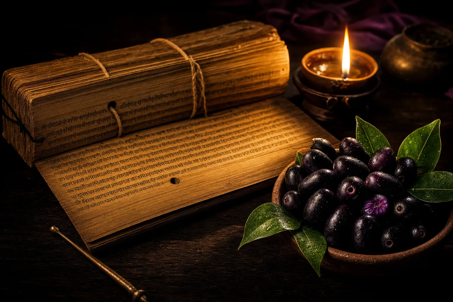 Palm-leaf manuscript beside a bowl of jamun — Ayurveda article hero